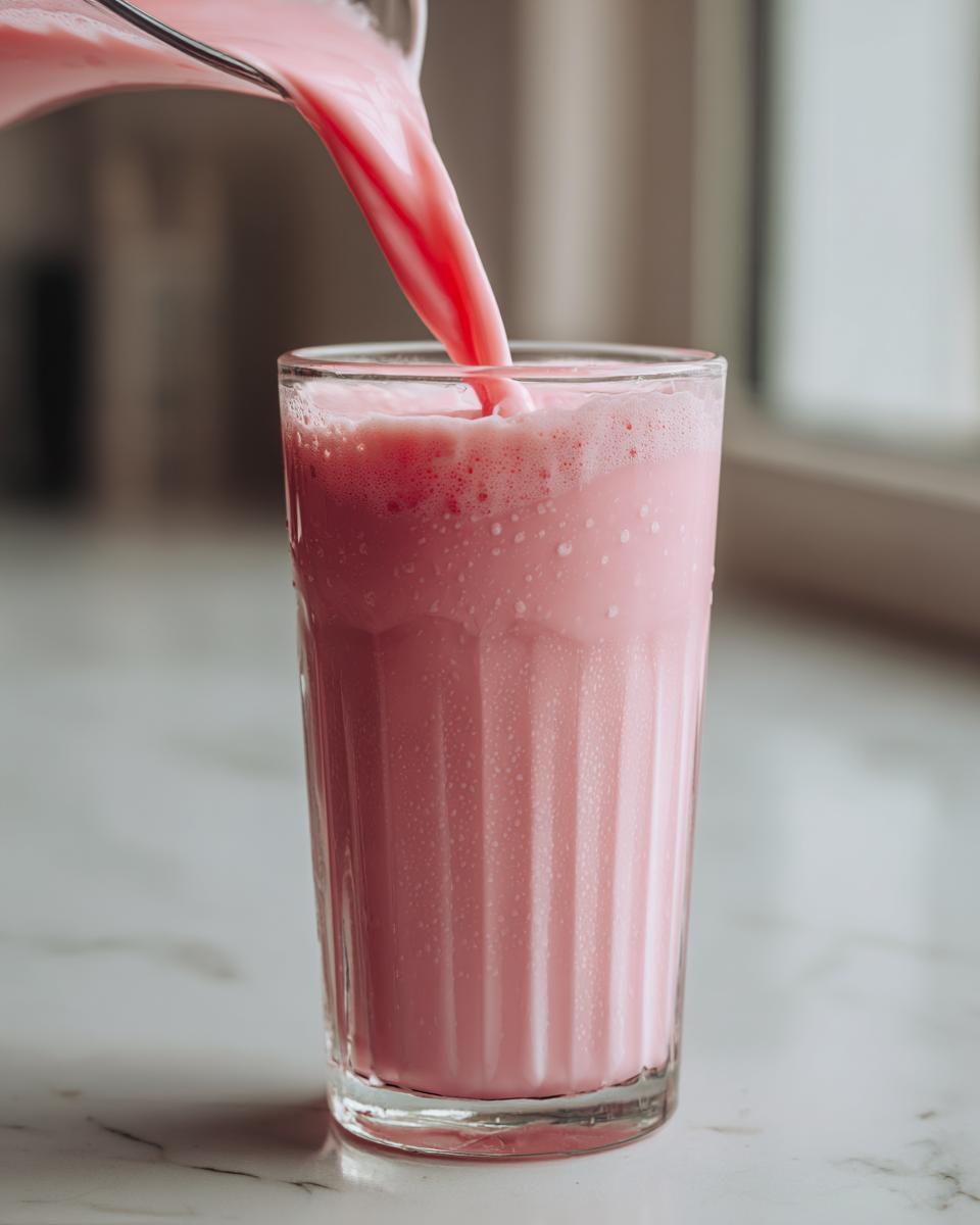 Close-up of pink Easy Quick Strawberry Milk being poured from a pitcher into a tall, ribbed glass.