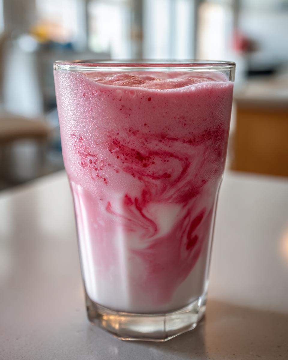 Close-up of a glass showing a beautiful swirl pattern of pink strawberry syrup mixing into white milk for Easy Quick Strawberry Milk.