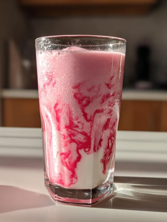 A tall glass showing the swirling layers of white milk and bright pink strawberry syrup for Easy Quick Strawberry Milk.