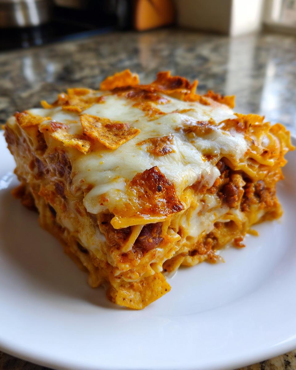 A delicious slice of Easy Three Bean Taco Casserole layered with sauce, beans, and melted cheese on top.