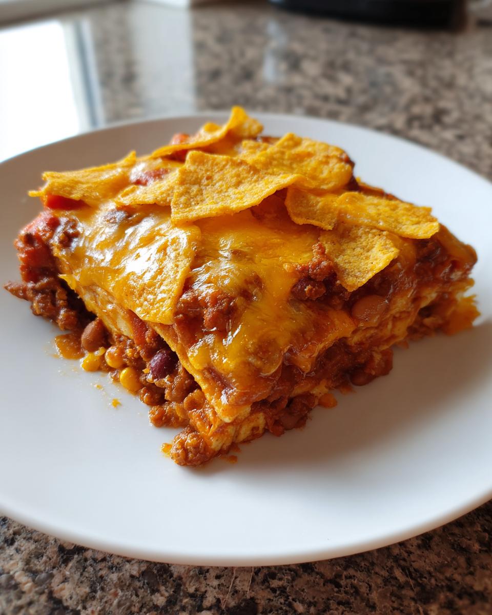 A square serving of Easy Three Bean Taco Casserole topped with melted cheddar cheese and tortilla chips.