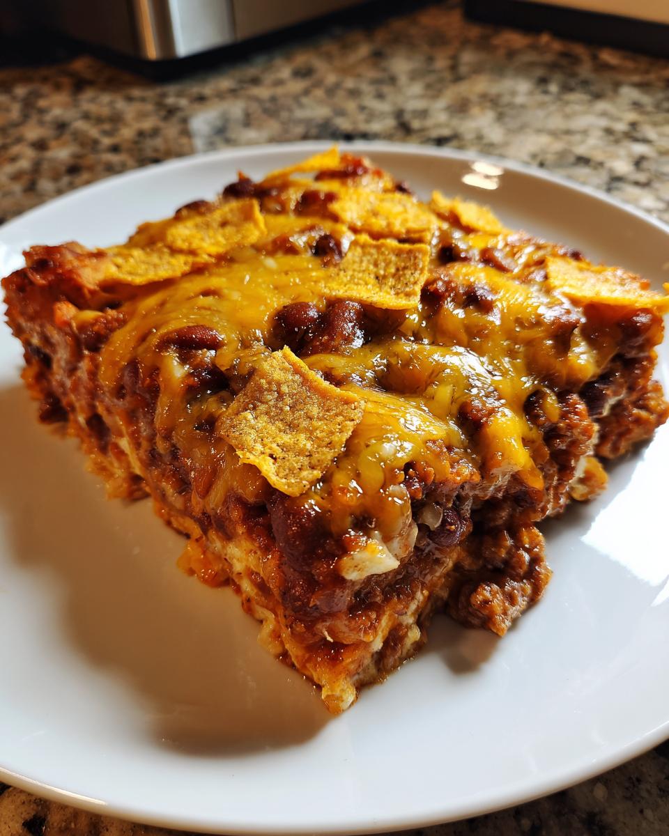 A close-up slice of Easy Three Bean Taco Casserole topped with melted cheese and crushed tortilla chips.