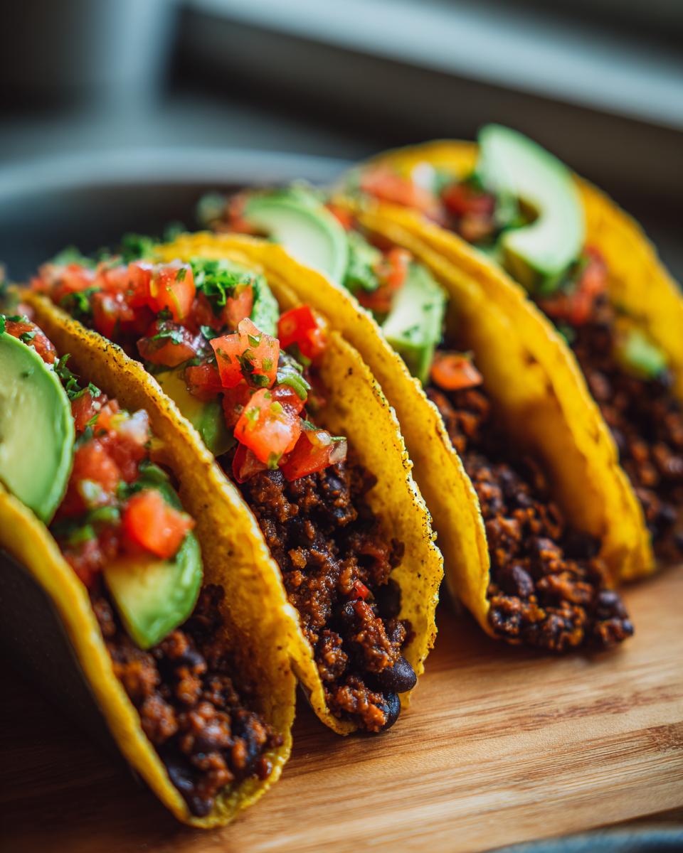 Close-up of three Easy Vegan Black Bean Tacos filled with seasoned black beans, topped with fresh salsa and avocado slices.