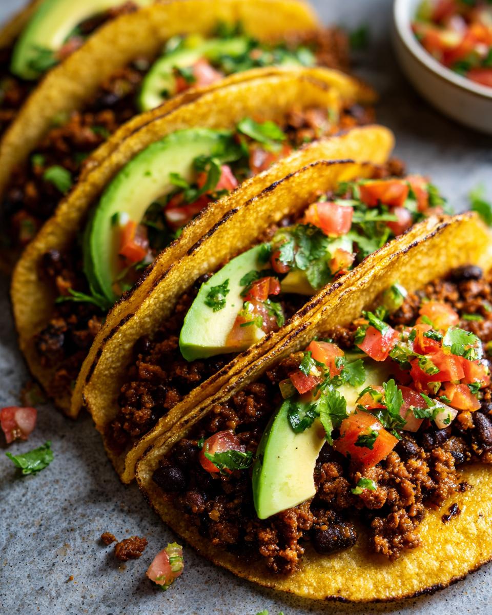 Close-up of three Easy Vegan Black Bean Tacos filled with seasoned black bean mixture, avocado slices, and fresh salsa.