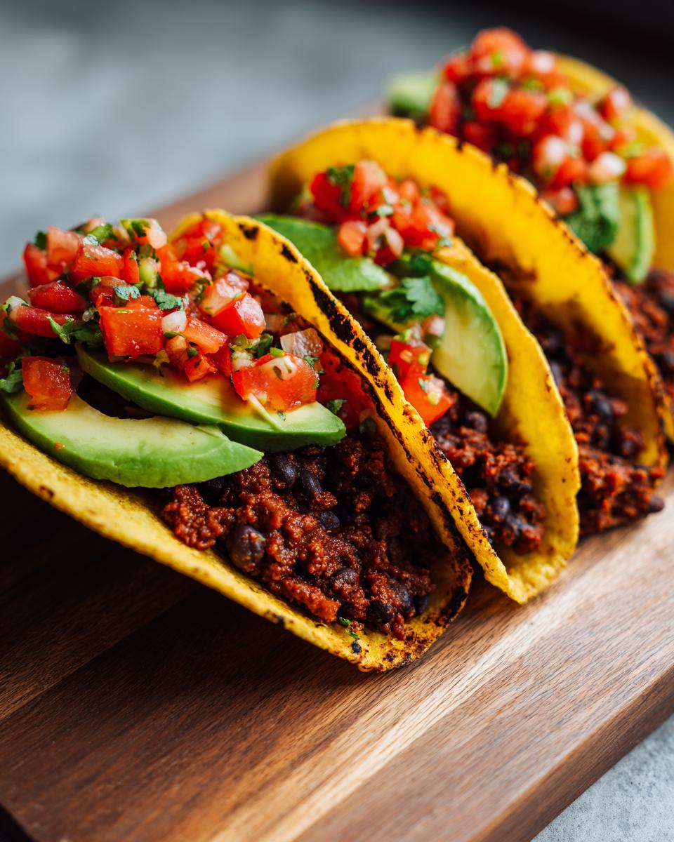 Three crispy corn tortillas filled with seasoned black beans, avocado slices, and fresh pico de gallo, ready to eat for Easy Vegan Black Bean Tacos.