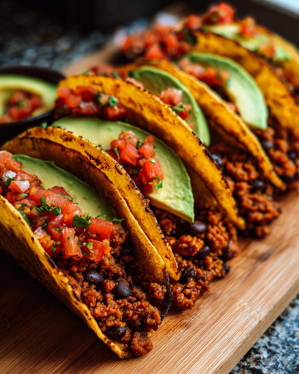 A row of crispy Easy Vegan Black Bean Tacos filled with seasoned vegan mince, black beans, avocado slices, and salsa.