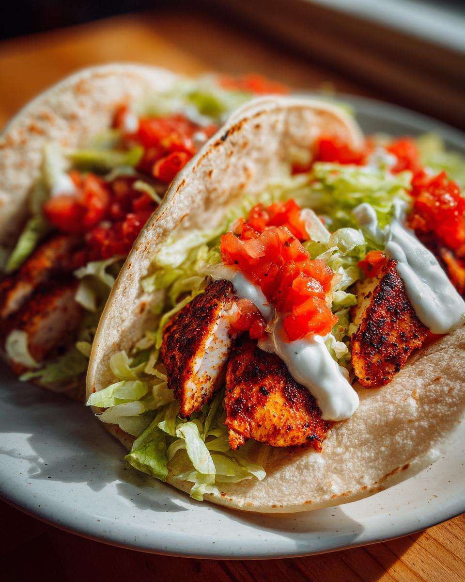 Two Easy Weeknight Blackened Chicken Tacos filled with blackened chicken, lettuce, salsa, and crema on a white plate.