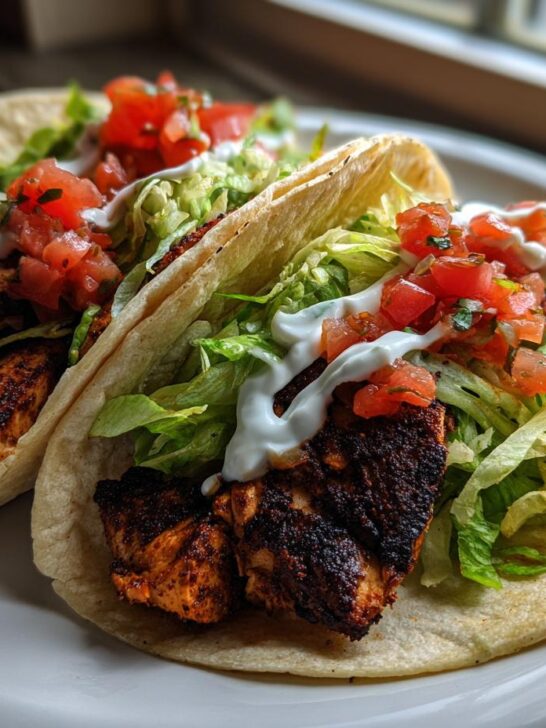 Two fully loaded Easy Weeknight Blackened Chicken Tacos with blackened chicken, lettuce, pico de gallo, and sour cream.