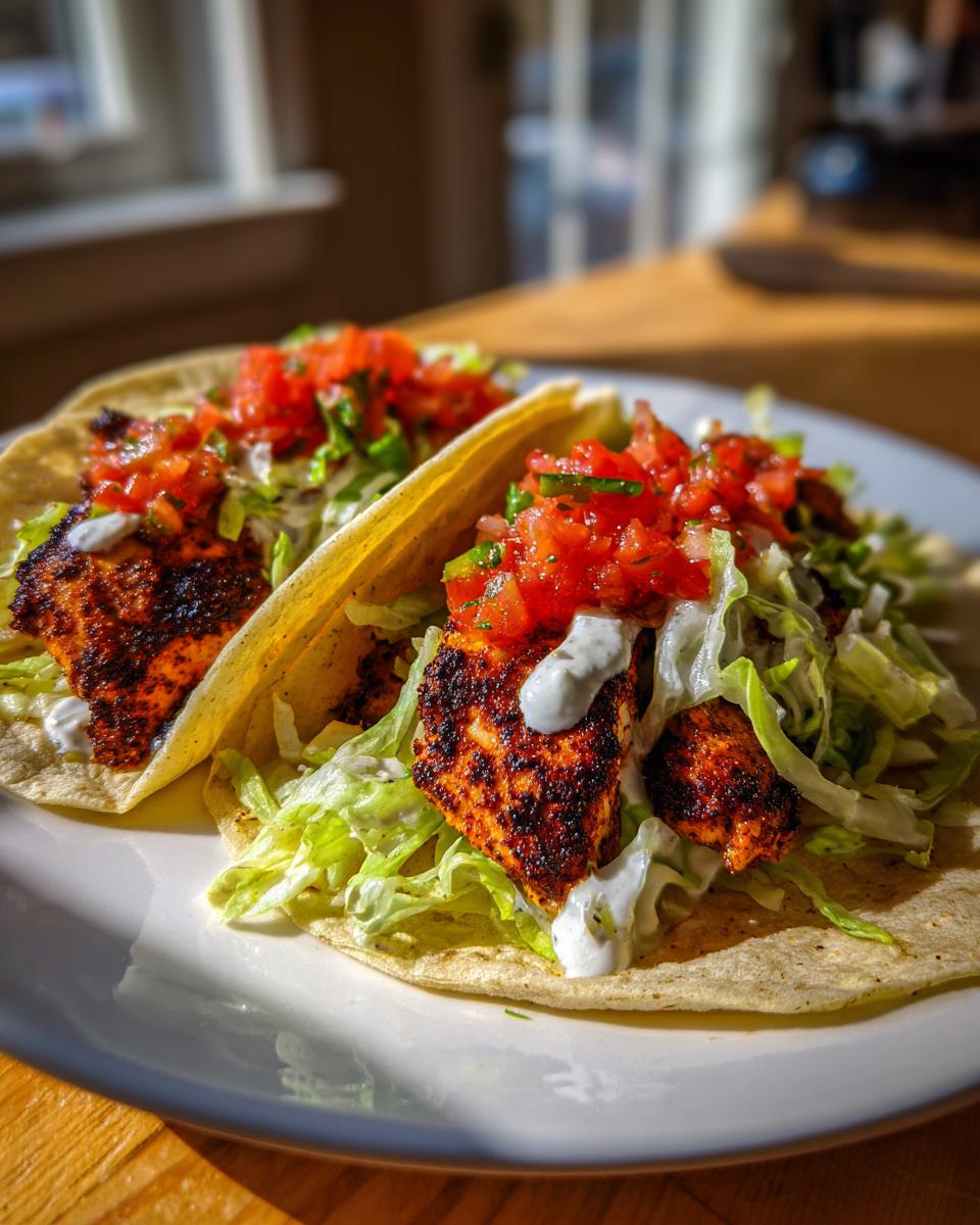 Two assembled Easy Weeknight Blackened Chicken Tacos on a white plate, topped with shredded lettuce, salsa, and a white sauce.