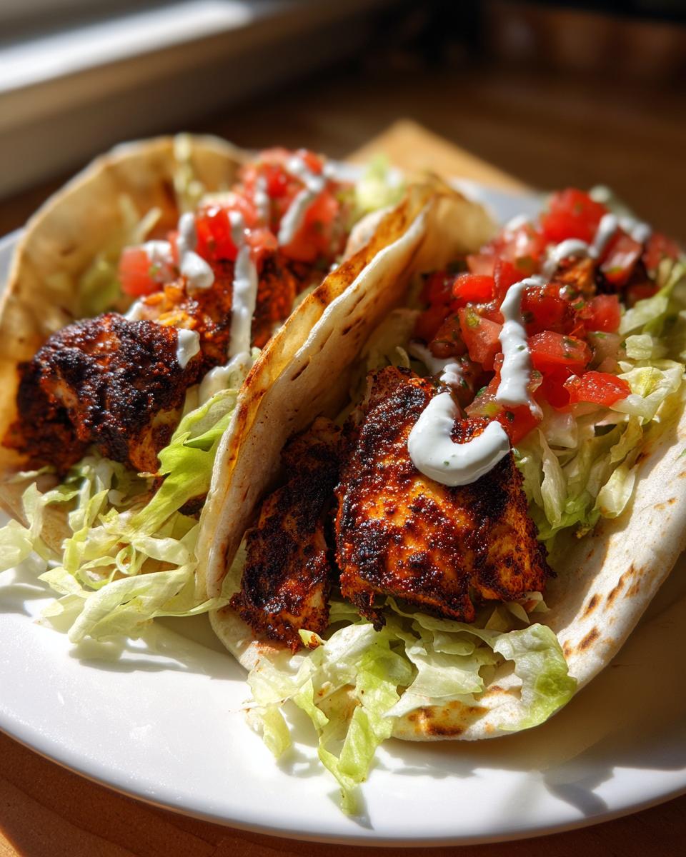 Two Easy Weeknight Blackened Chicken Tacos filled with blackened chicken, lettuce, salsa, and white sauce.