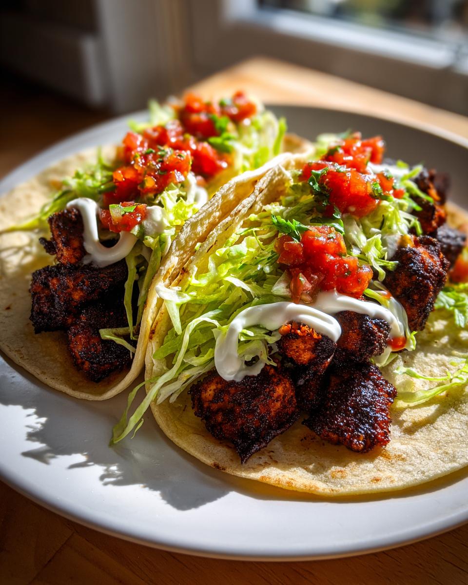 Two fully loaded Easy Weeknight Blackened Chicken Tacos topped with shredded lettuce, salsa, and crema on a white plate.
