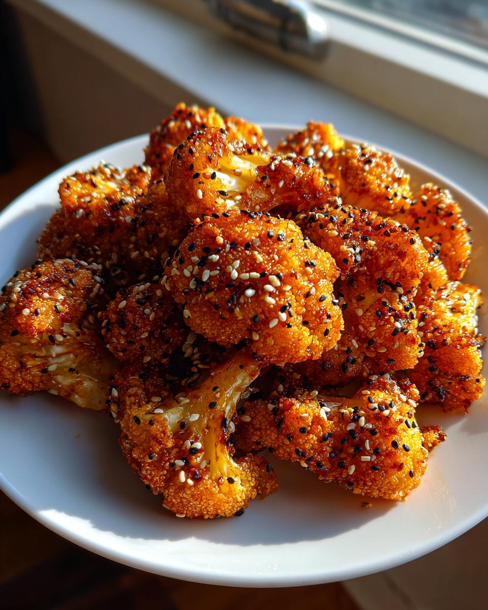 A pile of golden brown, crispy Everything Bagel Cauliflower Bites generously coated in sesame seeds on a white plate.