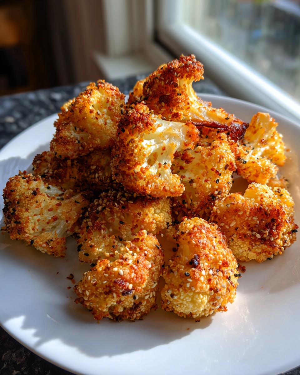 A pile of golden brown, crispy Everything Bagel Cauliflower Bites served on a white plate.
