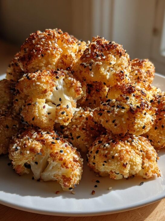 A pile of crispy, golden Everything Bagel Cauliflower Bites seasoned with sesame seeds on a white plate.