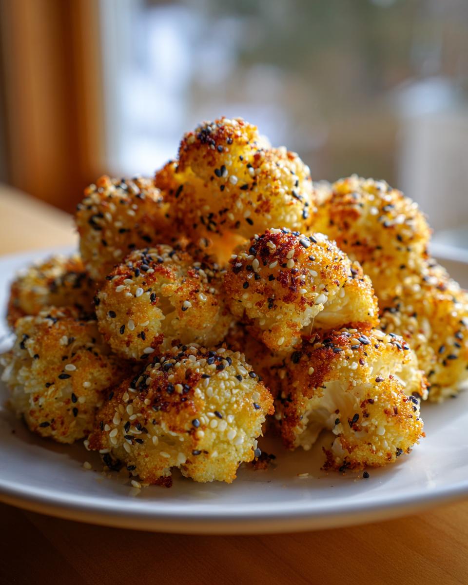 A close-up of crispy, golden Everything Bagel Cauliflower Bites piled high on a white plate.