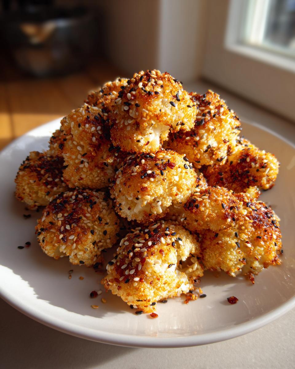 A pile of crispy, golden Everything Bagel Cauliflower Bites coated heavily in sesame seeds, served on a white plate.