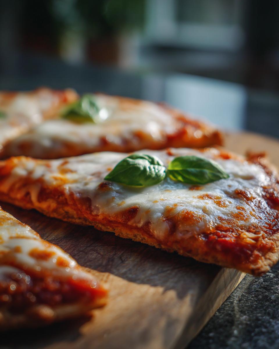 Close-up of a freshly baked Flatbread Pizza Margherita slice topped with melted mozzarella and fresh basil leaves.