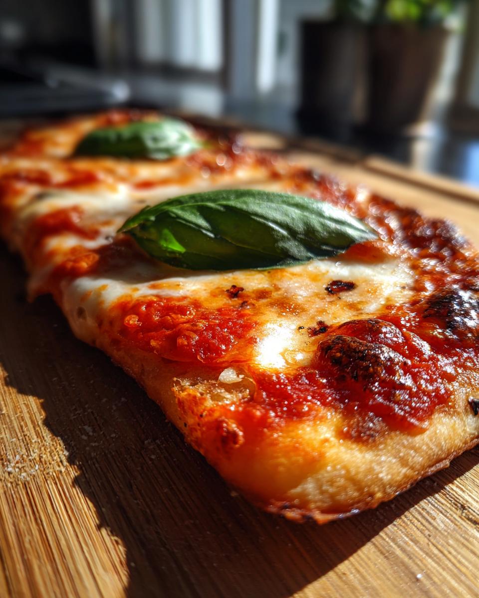 A close-up, sunlit shot of a slice of Flatbread Pizza Margherita with melted cheese and fresh basil.