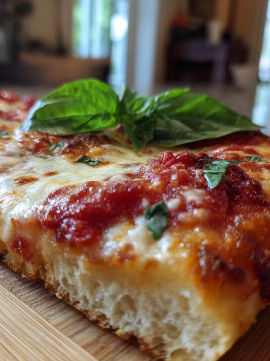 A close-up, low-angle shot of a thick slice of Flatbread Pizza Margherita showing melted cheese, rich tomato sauce, and fresh basil.