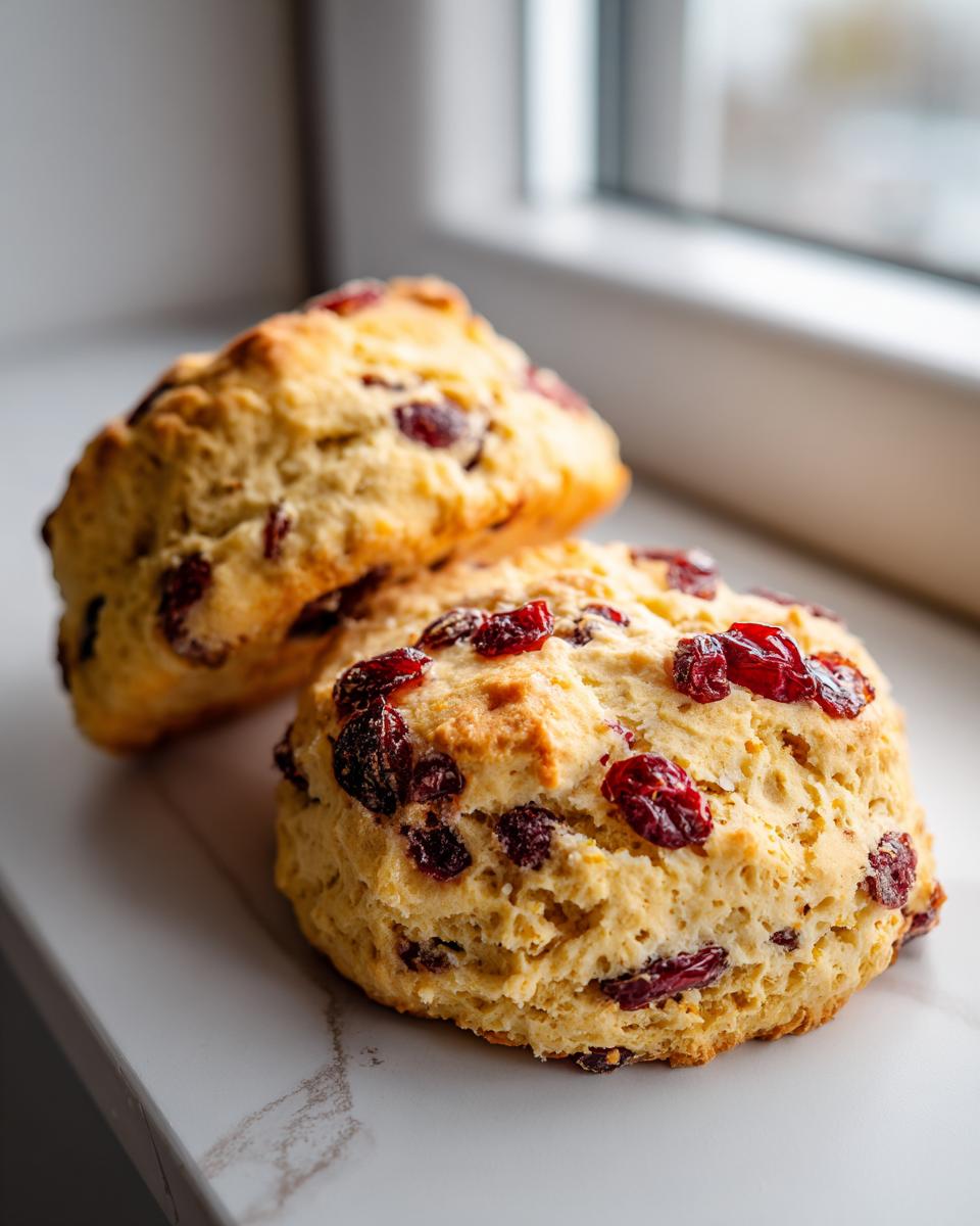 Close-up of two golden brown Cranberry Orange Scones studded with bright red dried cranberries, resting on a white marble surface.