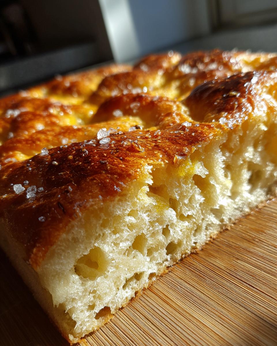 Cross-section of airy, golden Focaccia Bread Recipe topped with coarse sea salt crystals.