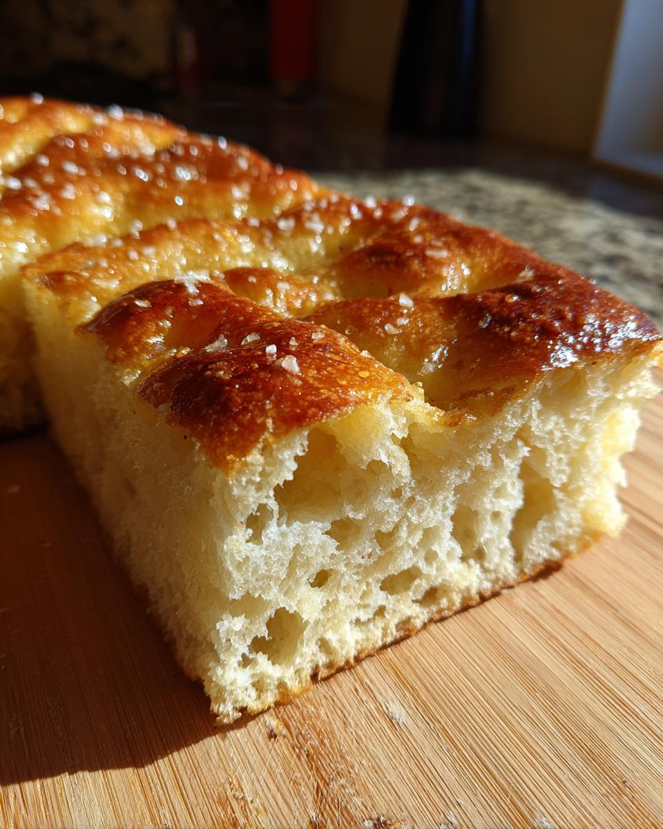 A close-up cross-section of fluffy Focaccia Bread Recipe, showing an airy crumb and golden, dimpled top sprinkled with coarse sea salt.