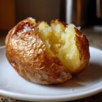 A fluffy Microwave Baked Potato, split open and sprinkled with coarse salt, resting on a white plate.