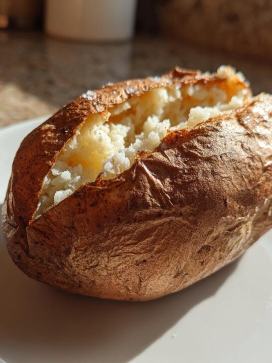 A perfectly cooked Microwave Baked Potato, split open to show fluffy white interior, resting on a white plate.