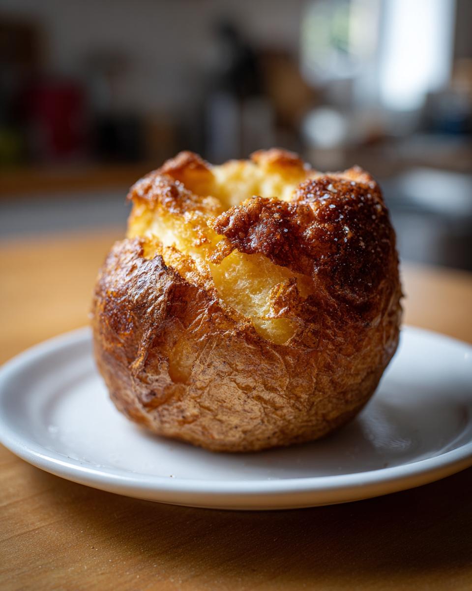 A fluffy Microwave Baked Potato with a golden, slightly split, and crispy skin resting on a small white plate.