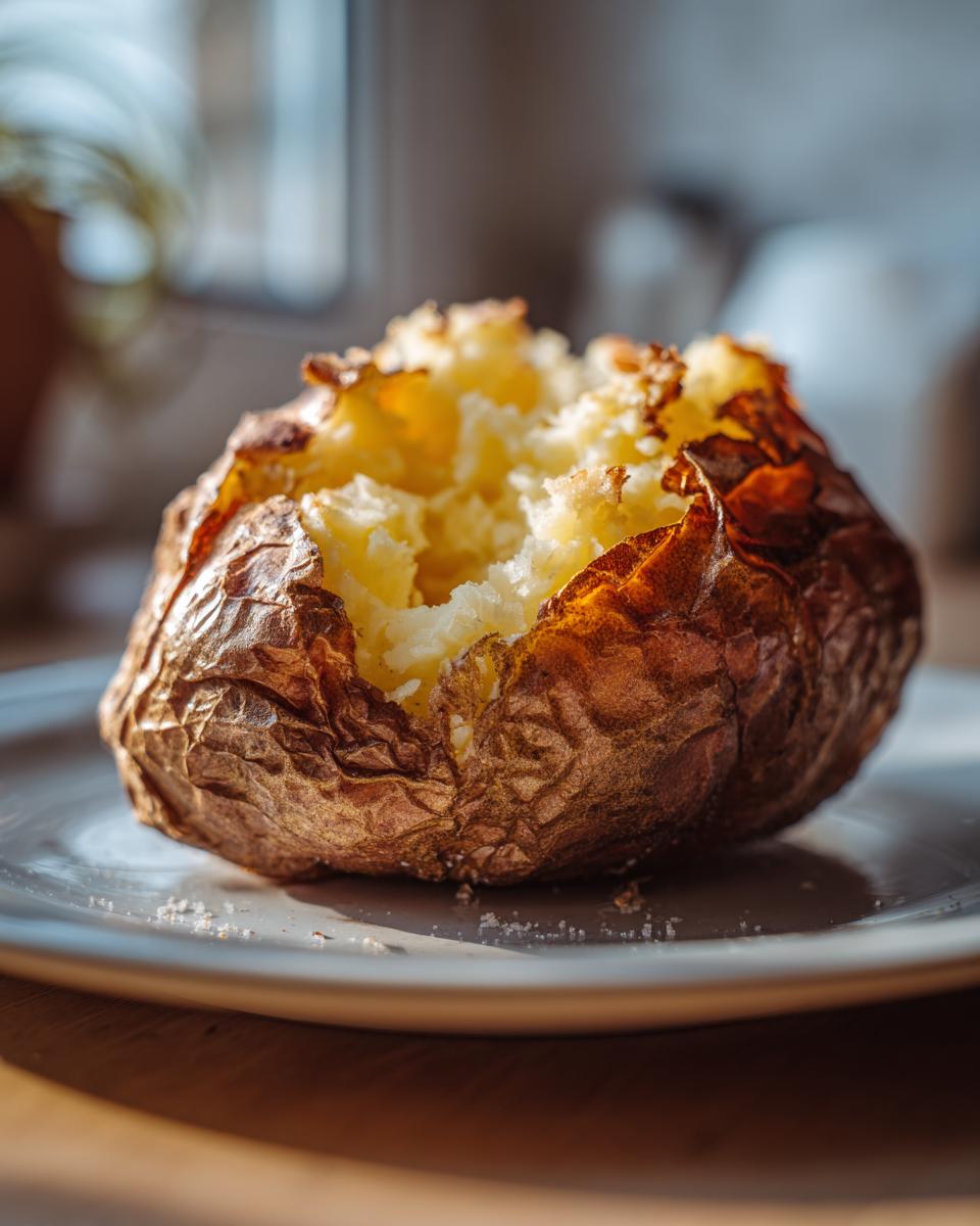 A close-up of a fluffy Microwave Baked Potato with a split, crispy brown skin, served on a light plate.