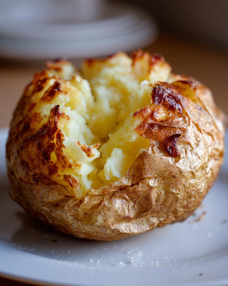 Close-up of a fluffy Microwave Baked Potato, split open to show the steaming interior and crispy, browned skin.
