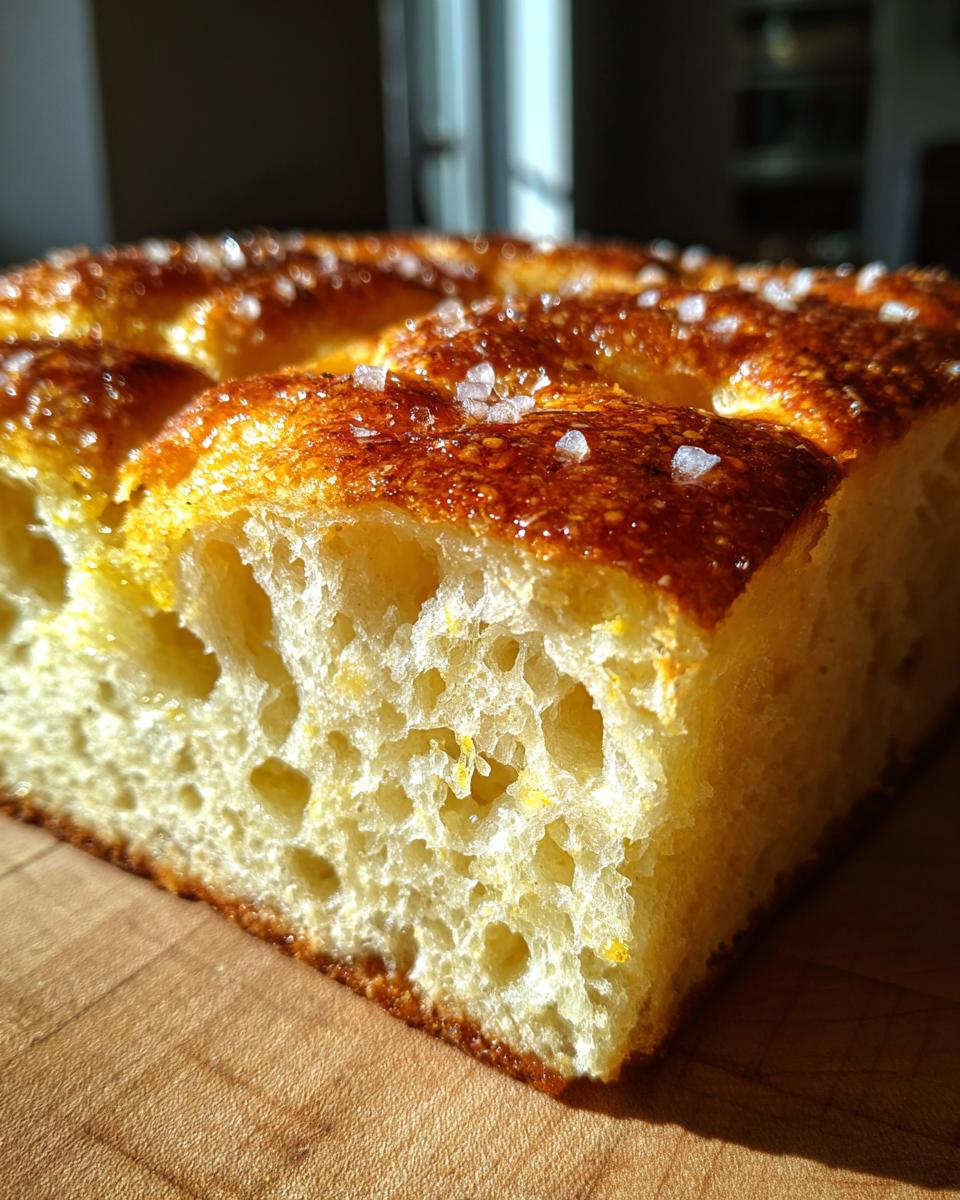 A close-up cross-section showing the airy, open crumb structure of the Focaccia Bread Recipe, topped with coarse salt.