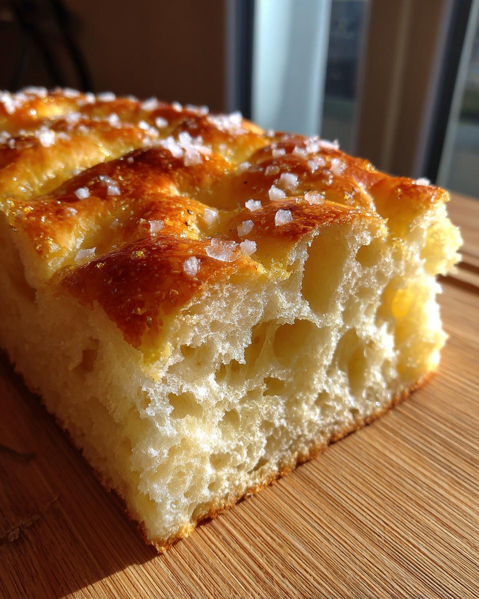 Close-up cross-section showing the airy, open crumb structure of a freshly baked Focaccia Bread Recipe slice.