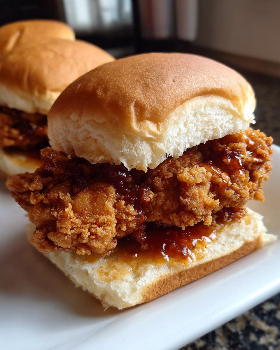 Close-up of a perfectly crispy Fried Chicken Slider topped with a dark, sticky glaze on a soft white bun.
