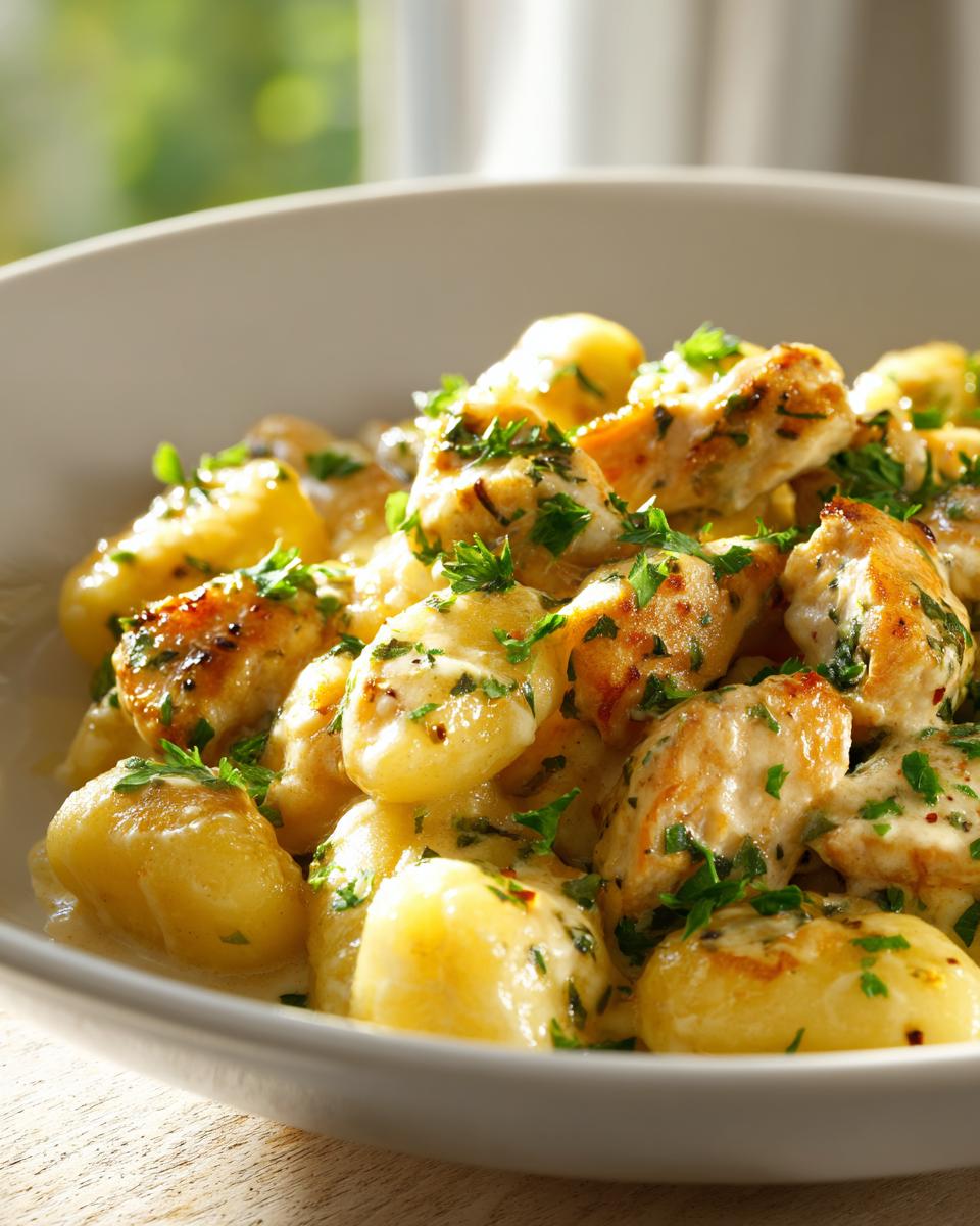 Close-up of creamy Garlic Chicken Gnocchi Skillet, featuring tender chicken pieces and soft gnocchi coated in a light sauce and topped with parsley.
