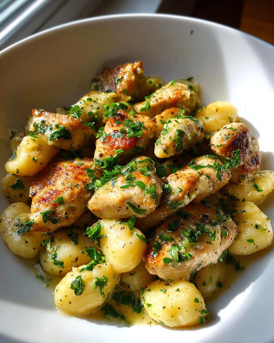 Close-up of pan-seared chicken pieces mixed with soft gnocchi, coated in a buttery garlic sauce and topped with fresh parsley for Garlic Chicken Gnocchi Skillet.