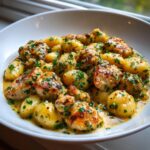 Close-up of seared chicken pieces and potato gnocchi coated in a creamy garlic sauce, topped with fresh parsley for Garlic Chicken Gnocchi Skillet.