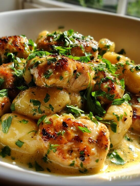 Close-up of Garlic Chicken Gnocchi Skillet featuring seared chicken pieces and soft gnocchi in a creamy garlic sauce, topped with fresh parsley.