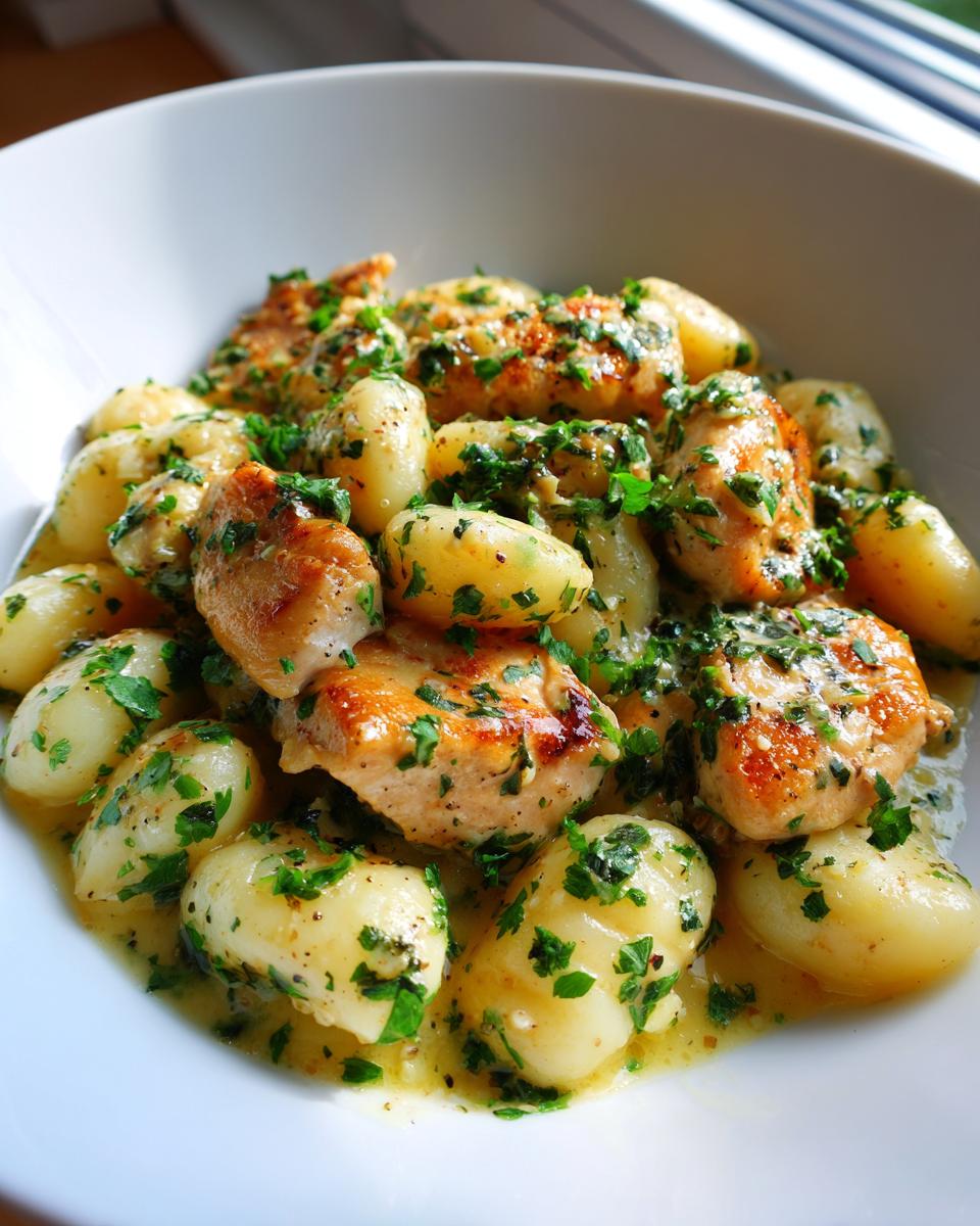 Close-up of seared chicken pieces and soft gnocchi coated in a buttery, garlicky sauce and topped with fresh parsley in a white bowl, showcasing the Garlic Chicken Gnocchi Skillet.