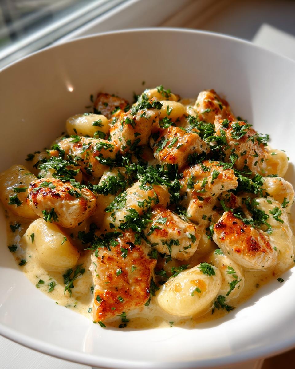 Close-up of pan-seared chicken pieces and gnocchi coated in a creamy sauce, topped with fresh parsley in a white bowl, featuring Garlic Chicken Gnocchi Skillet.