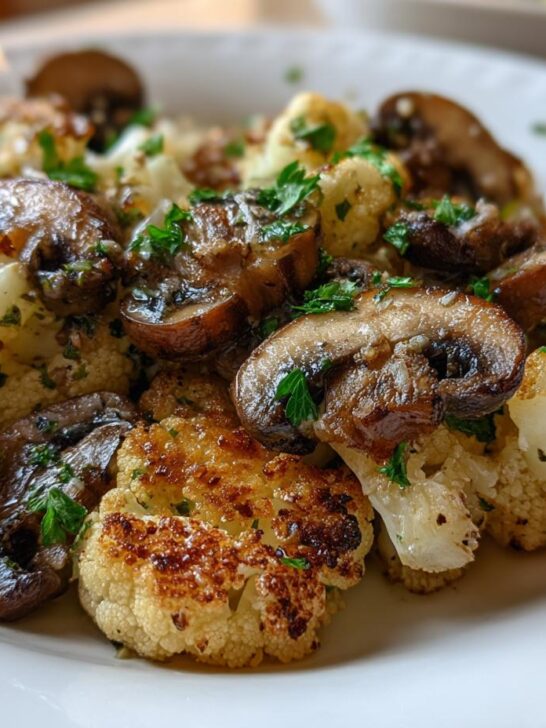 Close-up of roasted cauliflower florets and saut&eacute;ed mushrooms seasoned for Garlic Mushroom Cauliflower Skillet.