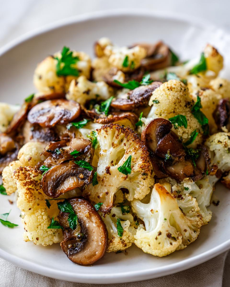 Close-up of roasted cauliflower florets and sliced mushrooms in a Garlic Mushroom Cauliflower Skillet, garnished with parsley.