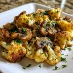 Close-up of roasted cauliflower florets and sliced mushrooms, part of the Garlic Mushroom Cauliflower Skillet.