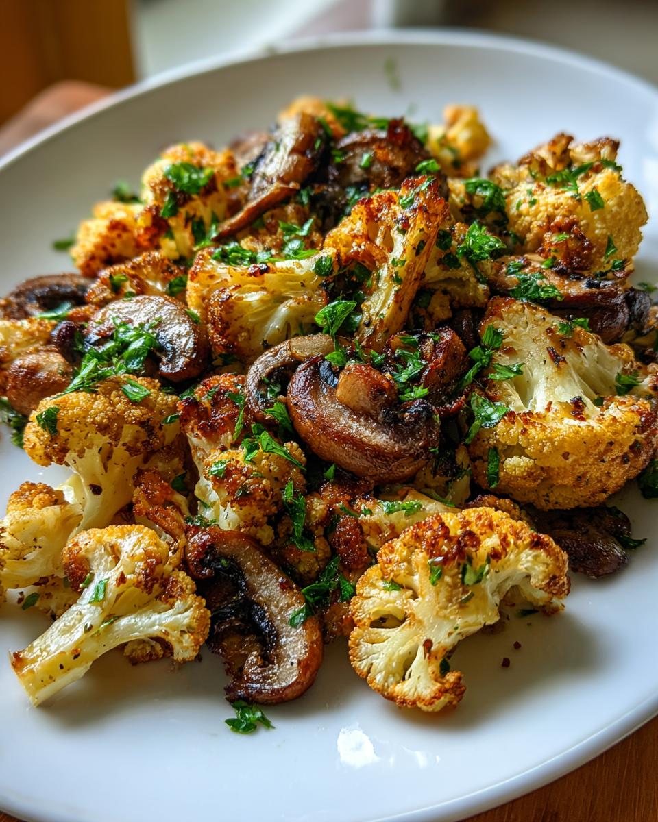 Close-up of roasted cauliflower florets and sliced mushrooms seasoned and topped with fresh parsley, ready for the Garlic Mushroom Cauliflower Skillet.