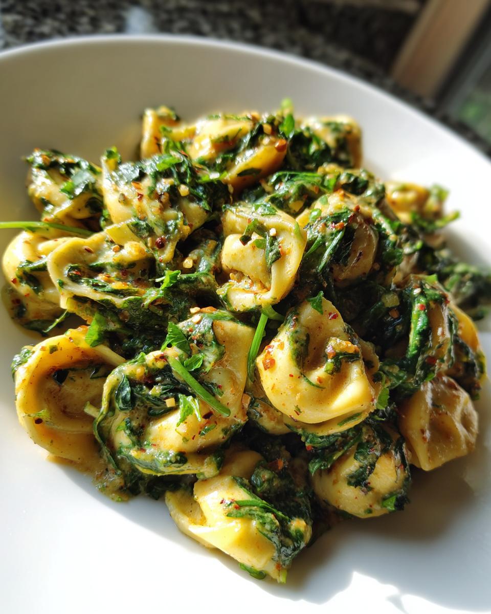 A close-up serving of creamy Garlic Spinach Tortellini tossed with fresh herbs and chili flakes in a white bowl.