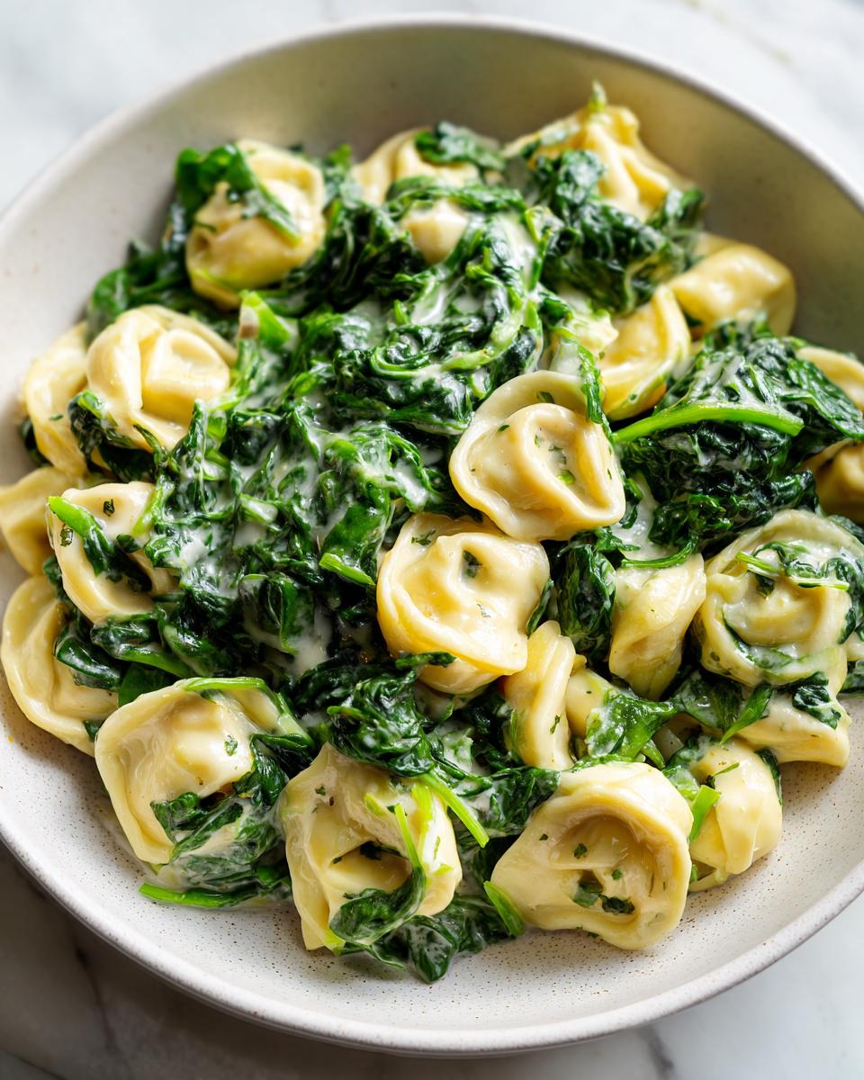 Close-up of a bowl filled with creamy Garlic Spinach Tortellini coated in a light sauce.