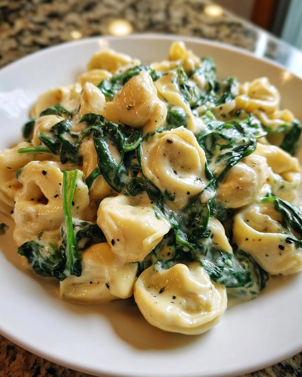 Close-up of creamy Garlic Spinach Tortellini coated in a light sauce and served on a white plate.