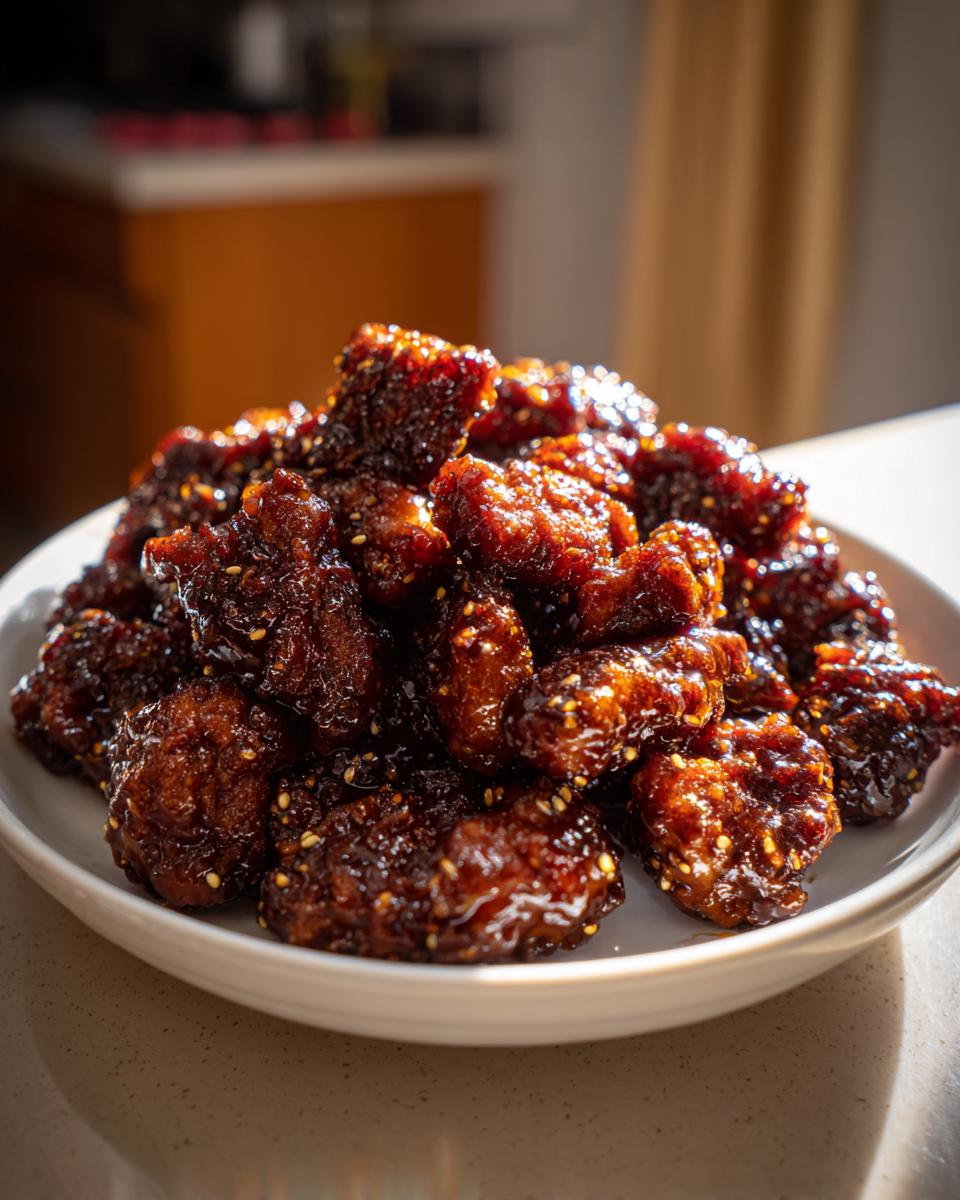A close-up of a pile of sticky, dark glazed Black Pepper Chicken pieces sprinkled with sesame seeds.