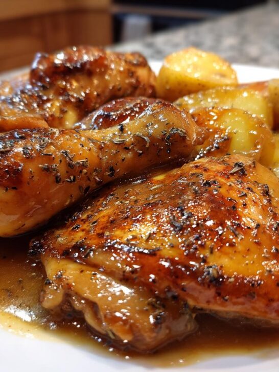 Close-up of glazed chicken pieces and roasted potatoes covered in savory gravy, featuring Chicken And Potatoes With Gravy.
