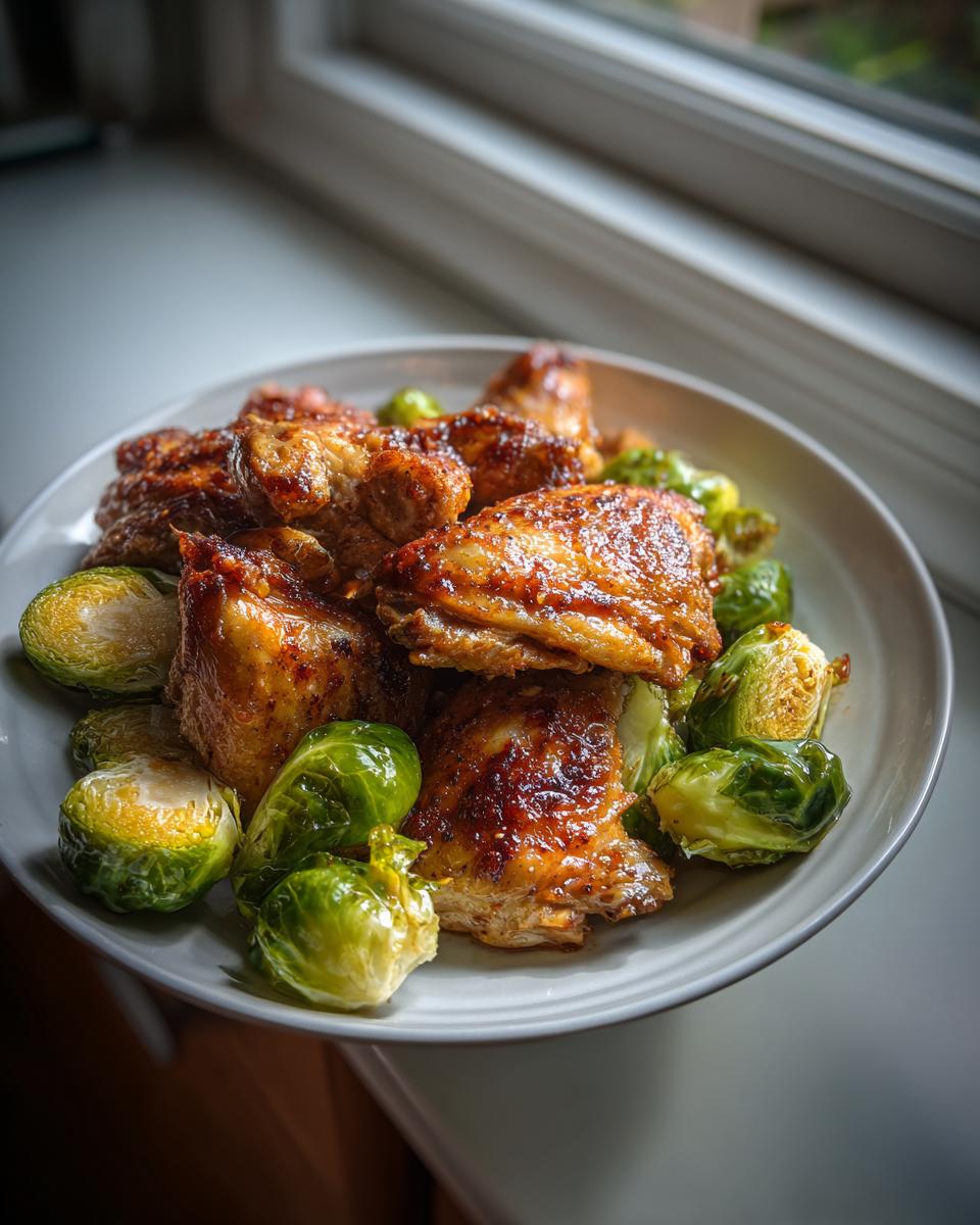 A plate of glazed chicken pieces served with bright green, peeled Brussels sprout halves.